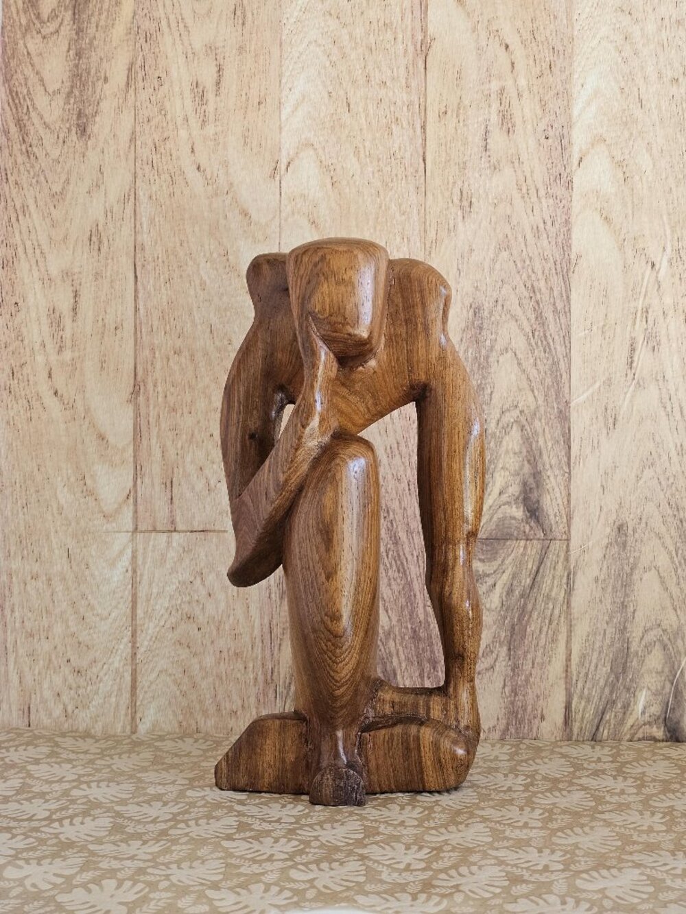 Vintage 13" Abstract Wood Carved The Thinker, Single Piece Of Wood